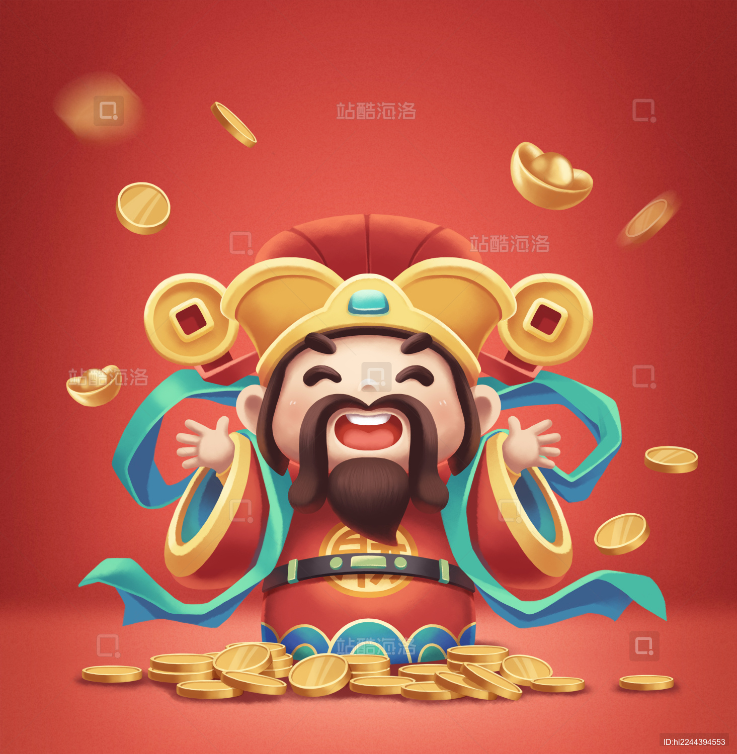 红色财神爷接金币位图