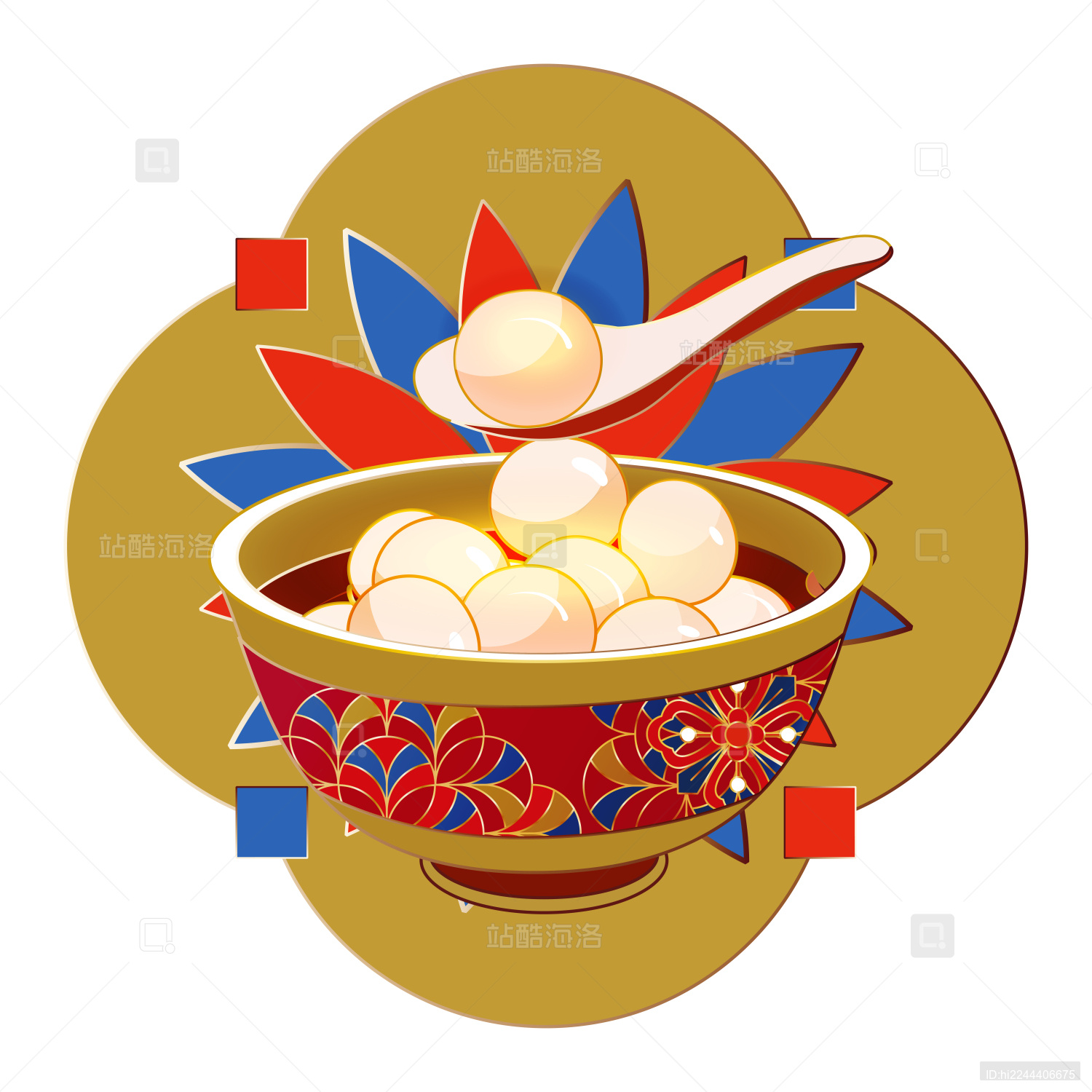 中式传统珐琅陶瓷盛着的元宵矢量插画