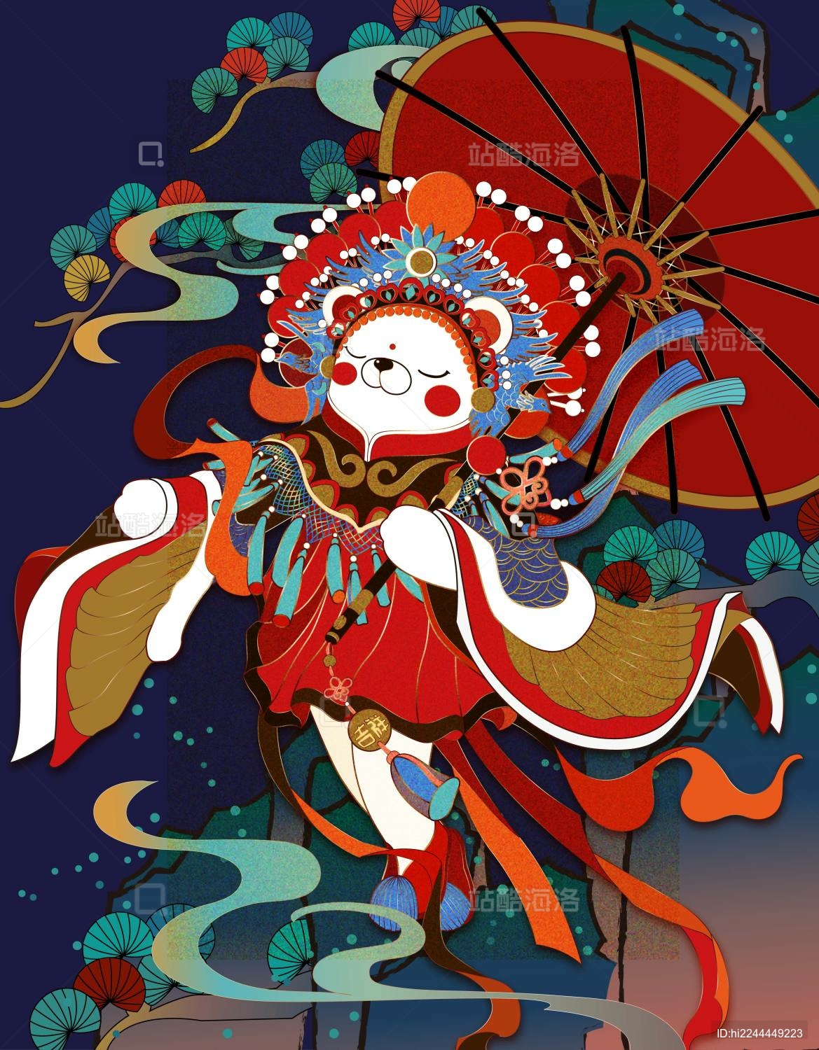 古风国潮青松祥云中的京剧熊矢量插画