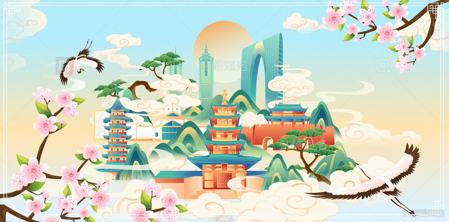 春天国风苏州城市地标建筑彩色矢量插画