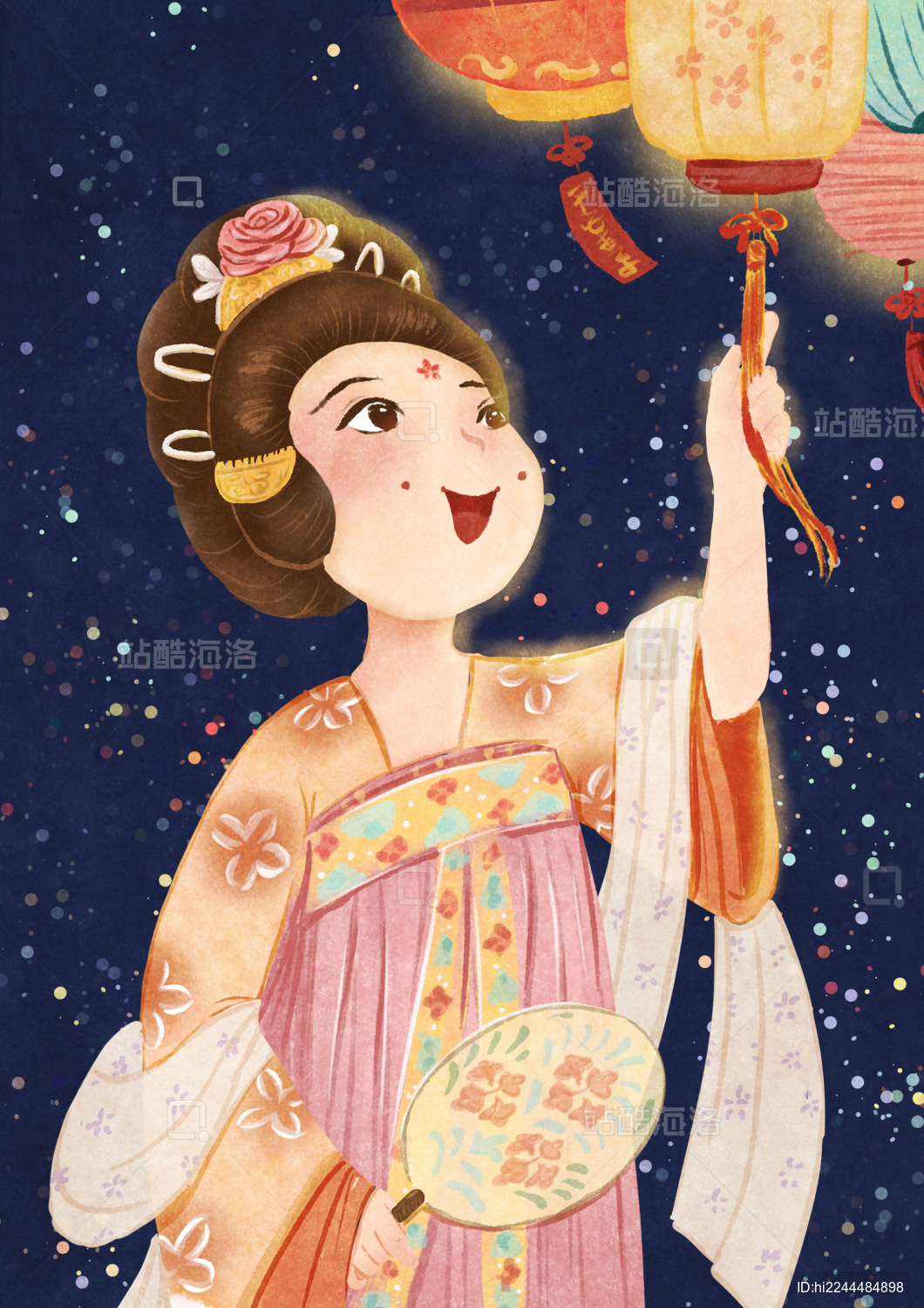 穿唐代汉服的少女元宵节夜晚看花灯