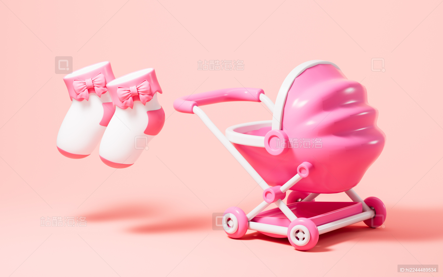儿童袜子和婴儿折叠推车3D渲染