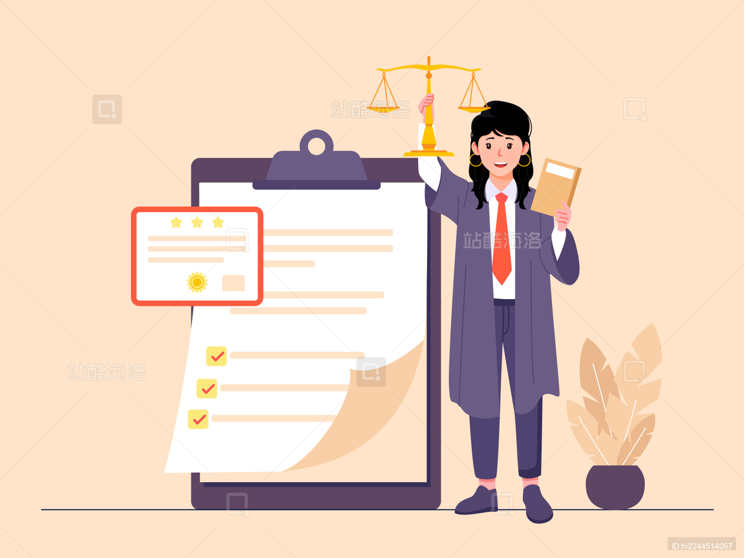 一个女律师手拿天平背后是审判书扁平插画