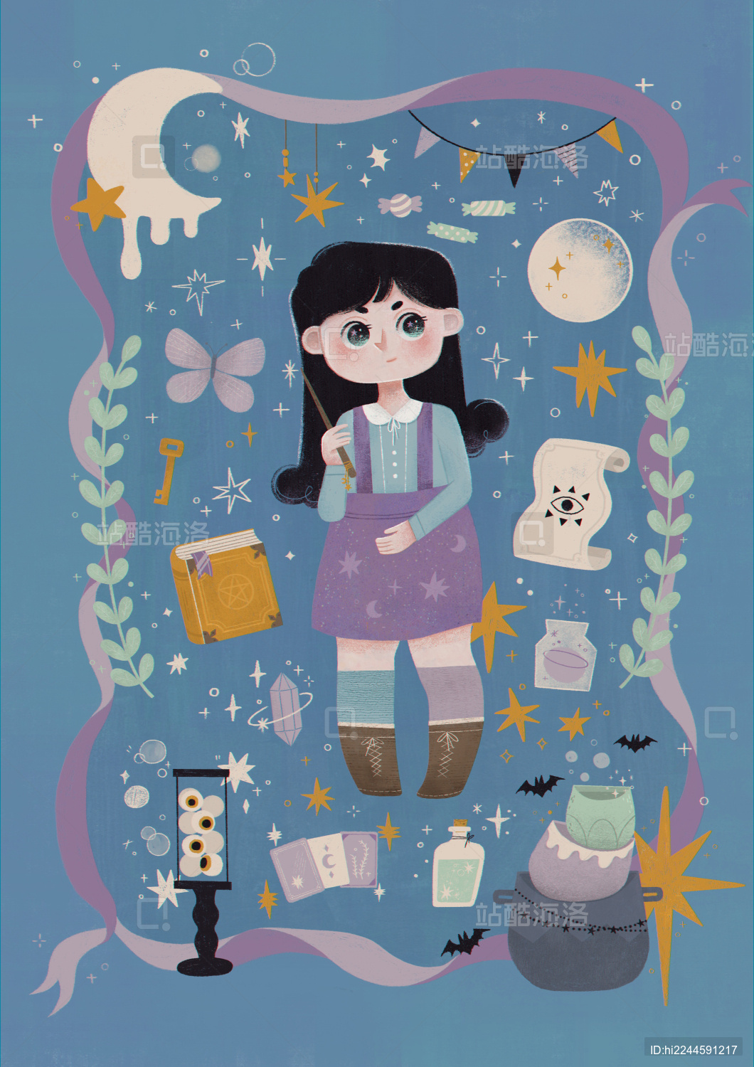 可爱黑色长发魔法少女和魔法小物品