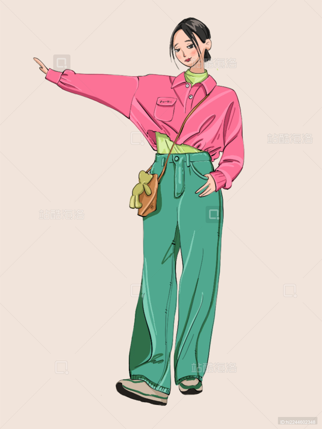 时尚女孩全身穿搭水彩手绘