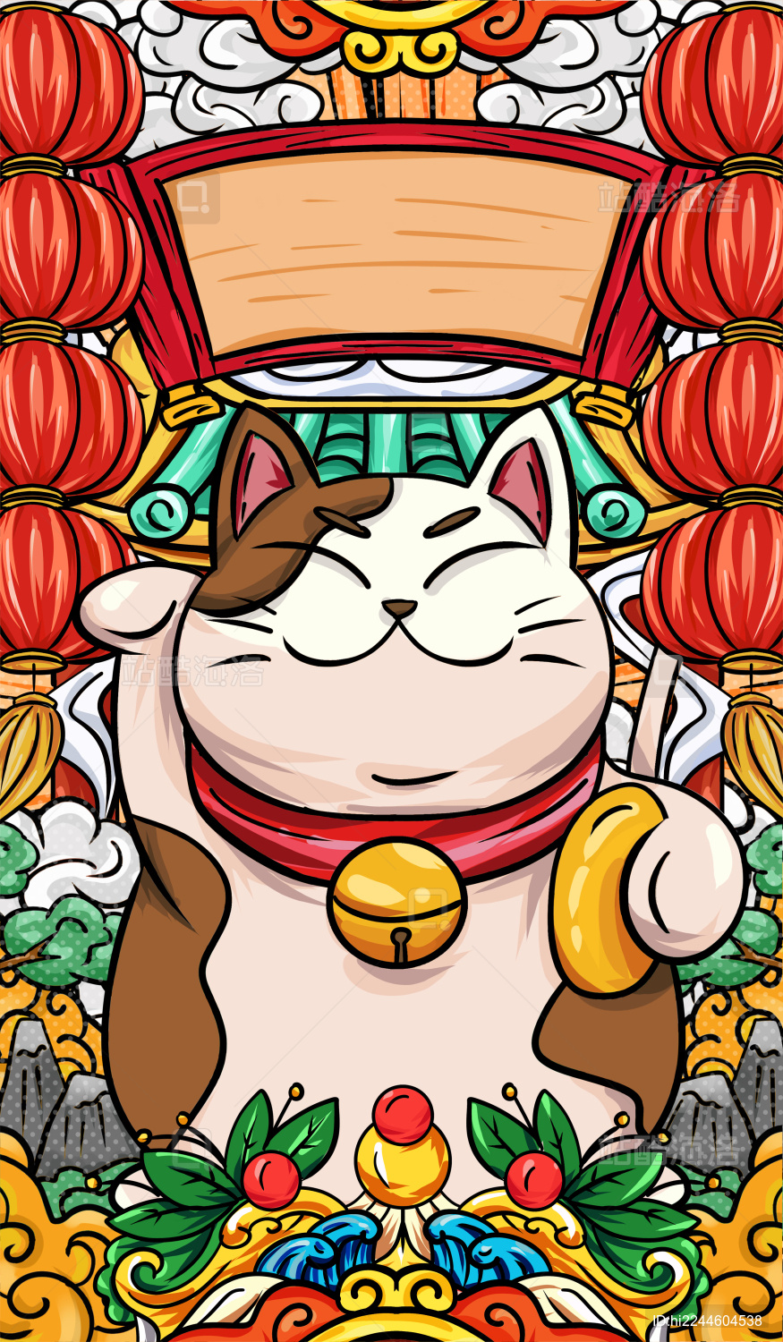 原创手绘卡通可爱的招财猫插画海报素材