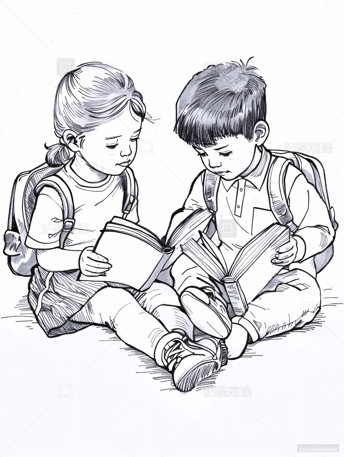 看书学习的学生黑白线稿