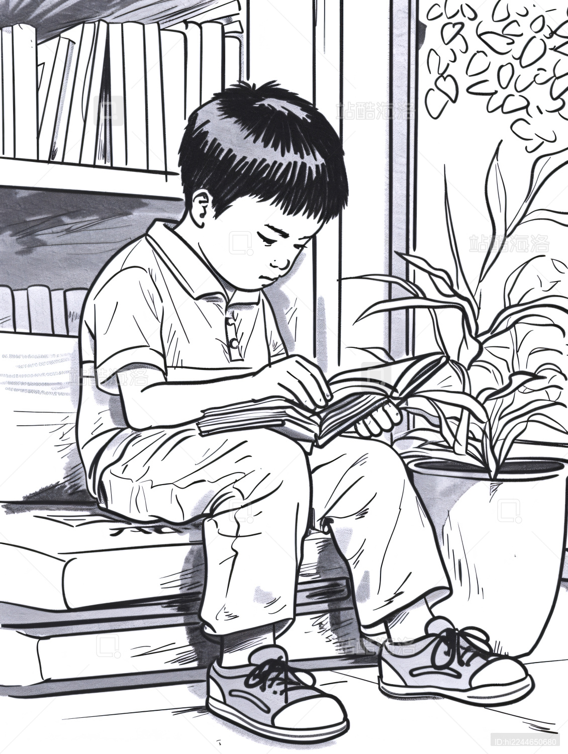 在图书室里看书学习的学生黑白线稿