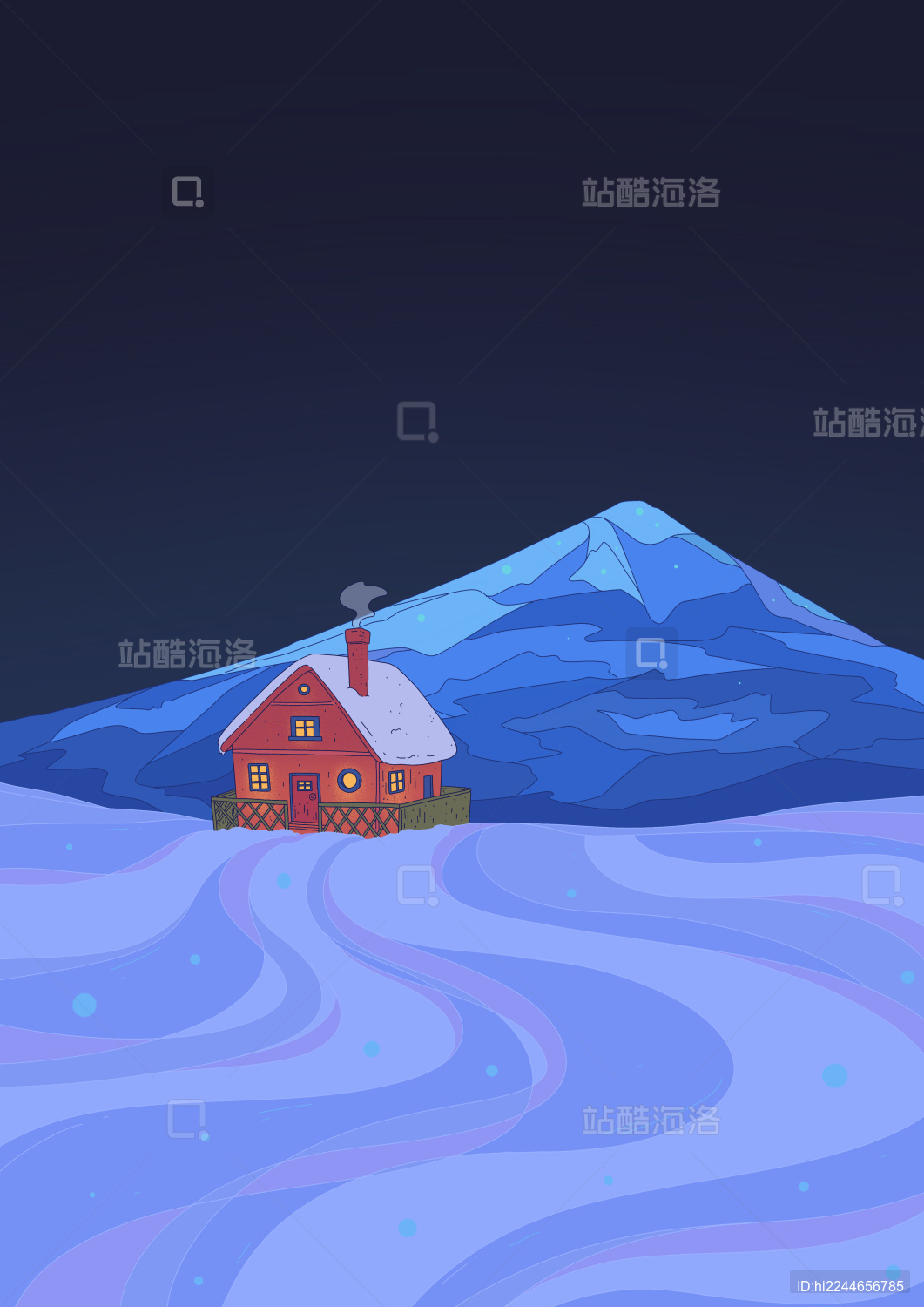 夜晚雪地里亮着灯的房子