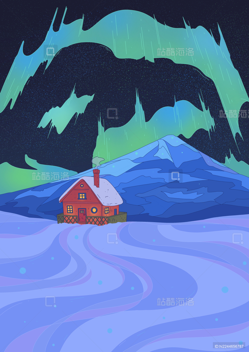 极光下雪地里亮灯的房子