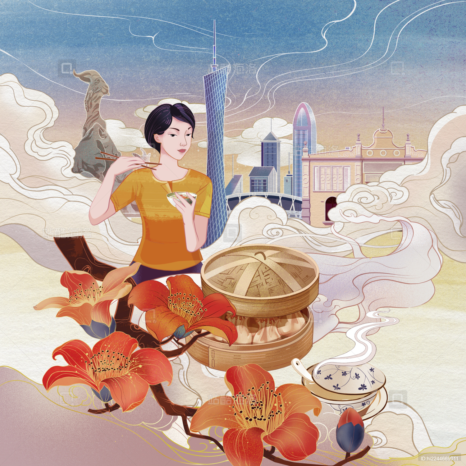 中国风插画 地域风情 城市标志建筑