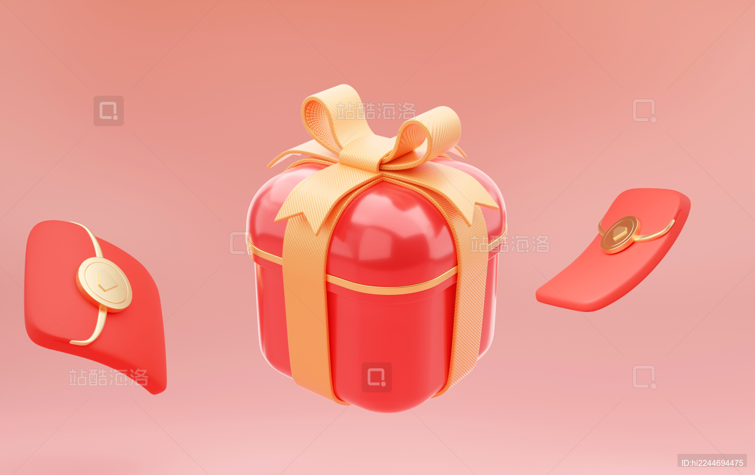 3d光滑质感活动红色金丝带奖品礼盒与红包