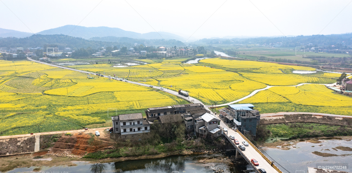 航拍湖南长沙宁乡乡间的油菜花田