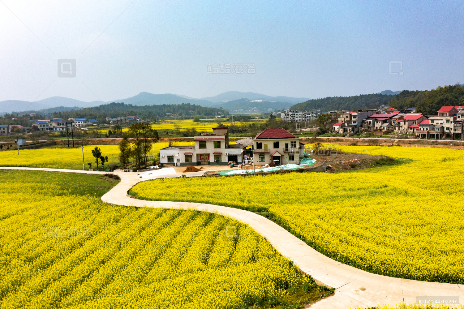 航拍湖南长沙宁乡乡间的油菜花田
