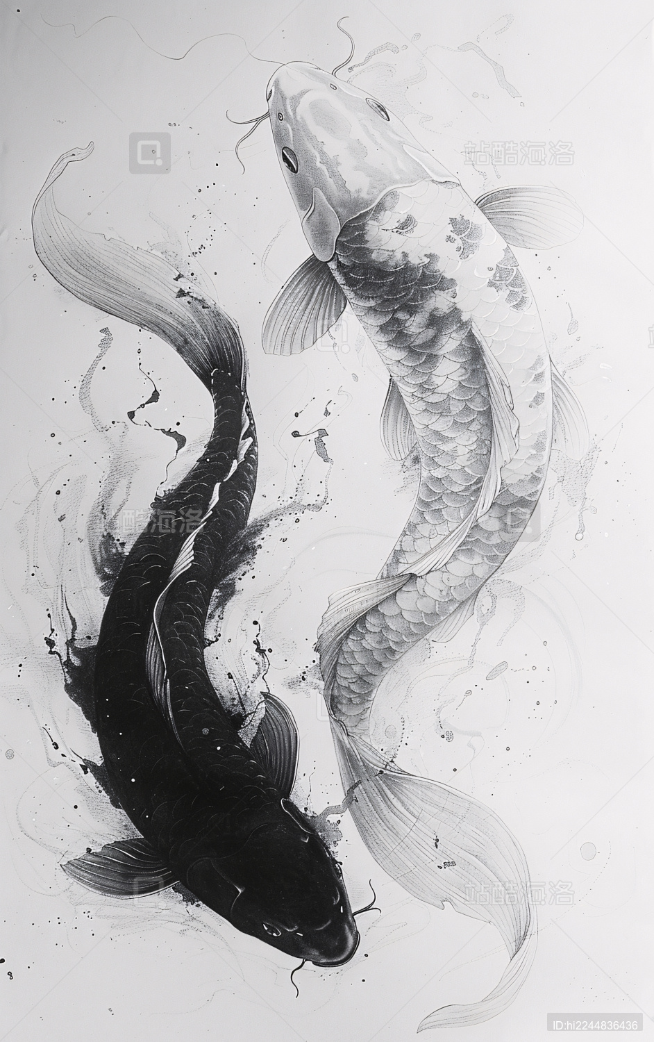 两条黑白锦鲤在水面游 节日锦鲤代表好运福