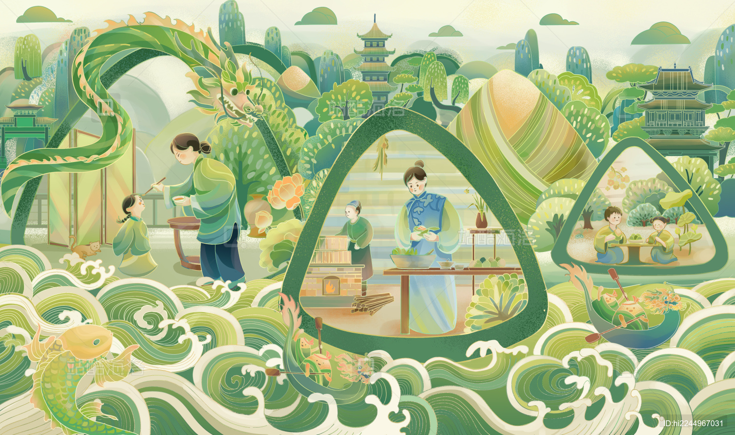 端午包粽子场景插画