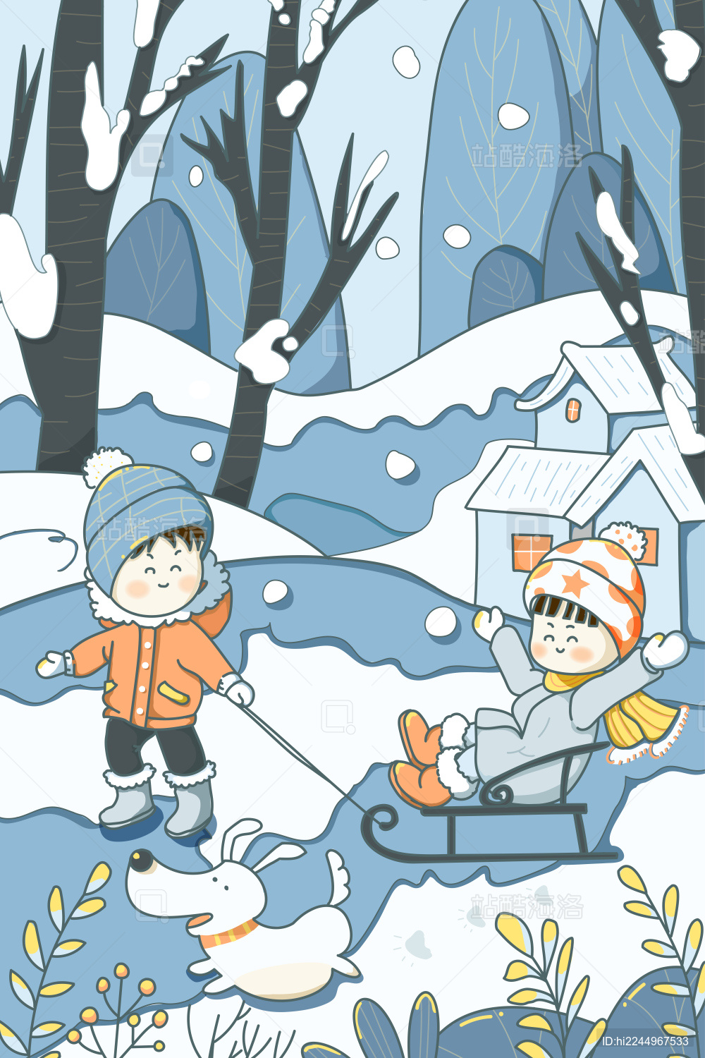 二个小孩在雪地里滑雪