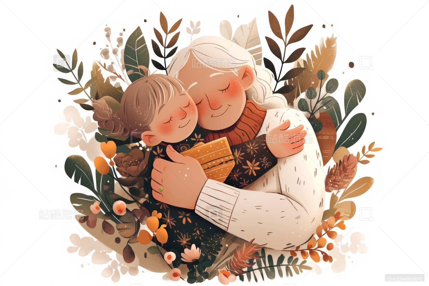 奶奶与孙女温馨拥抱插画