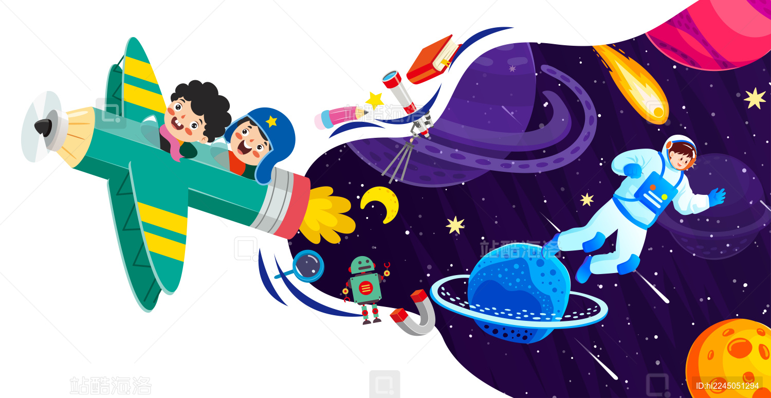 两个男孩驾驶着梦想的飞机在天空飞翔