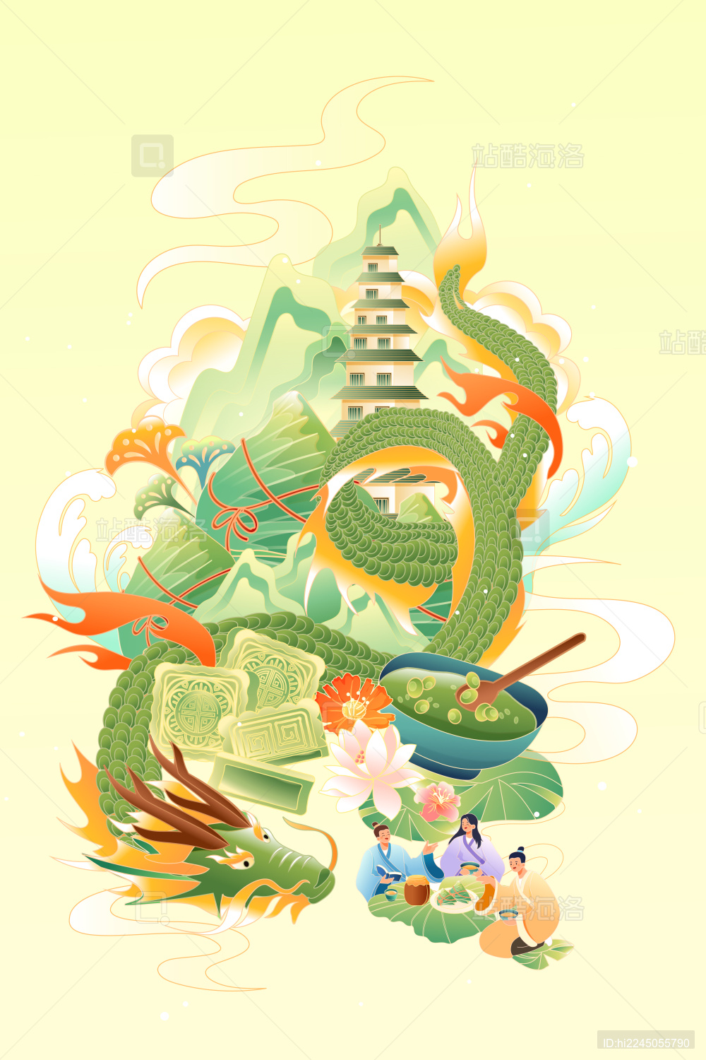 端午节古人聚餐矢量插画