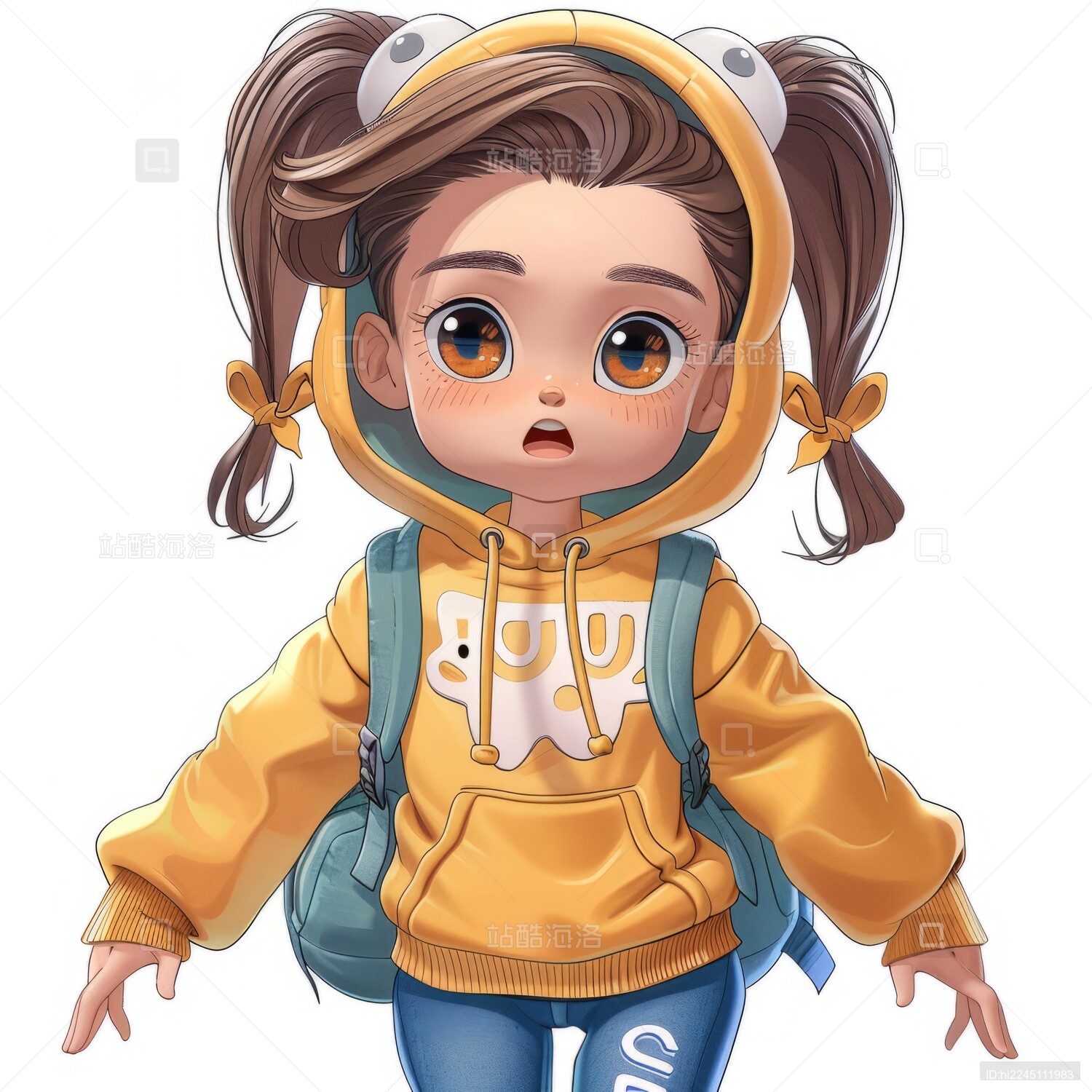 身穿黄色连帽衫和背包表情惊讶的小女孩插图