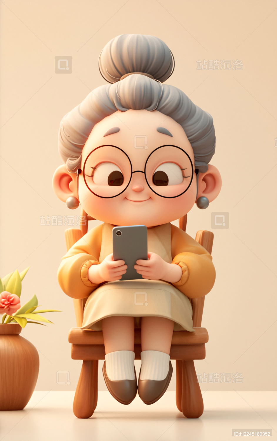 老奶奶看手机立夏老人养生晒太阳3d插画