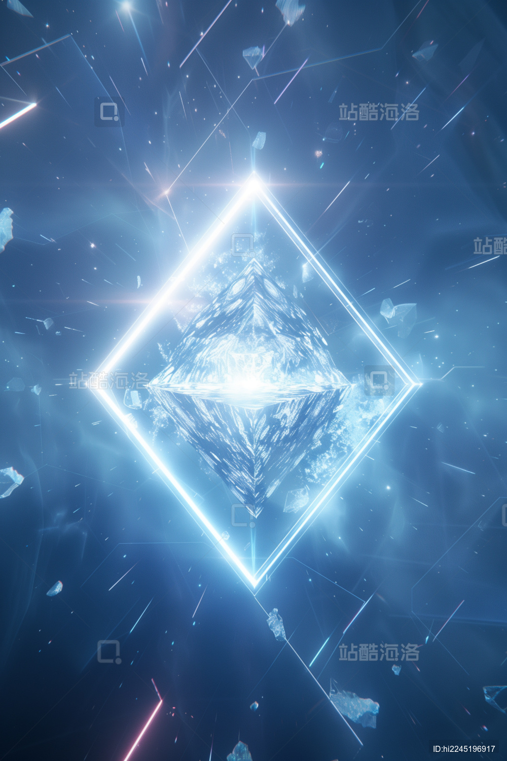 空间中一个菱形发光能量核心3d科幻插画