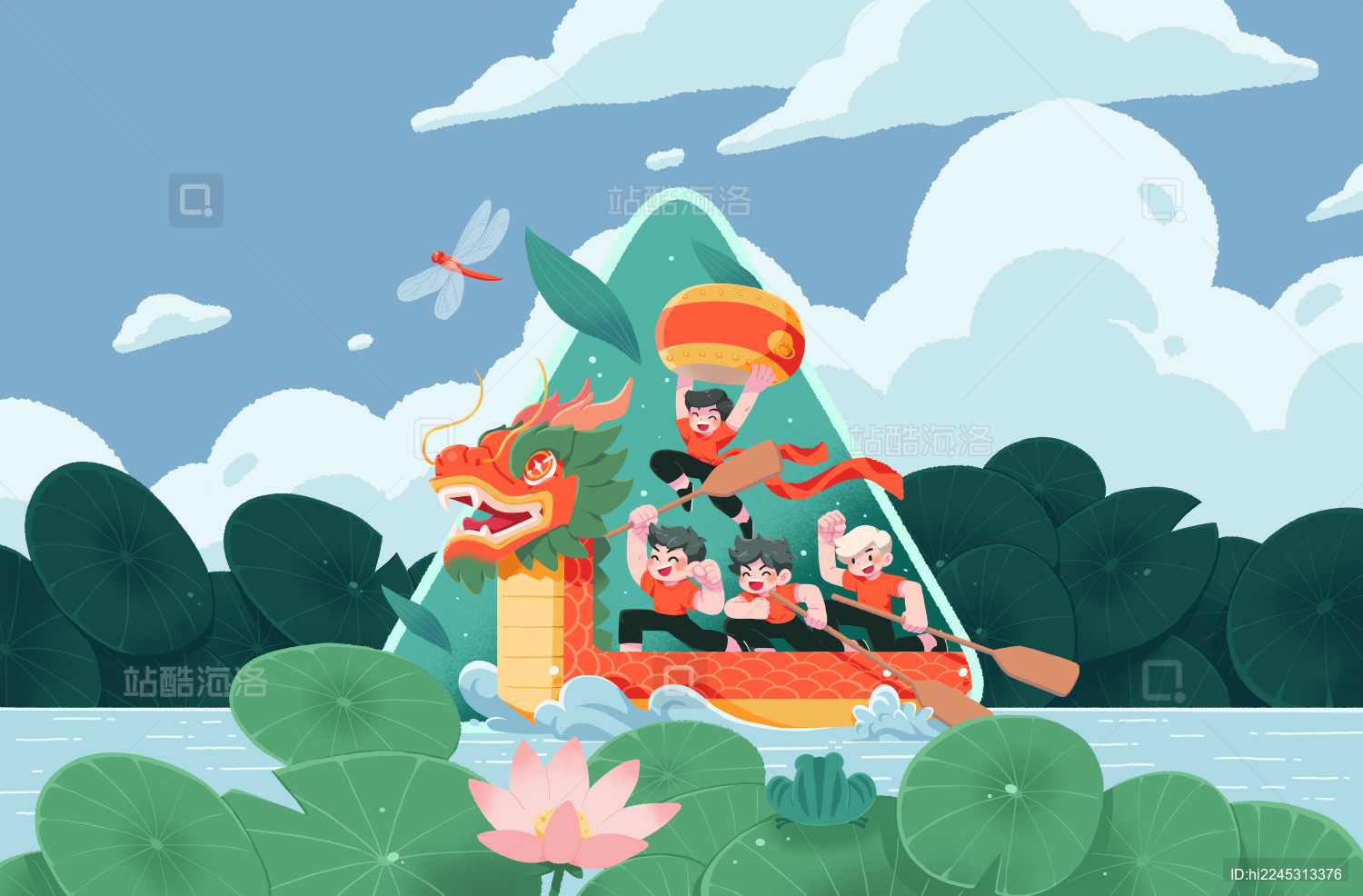 端午节插画-粽香飘扬下的荷塘龙舟