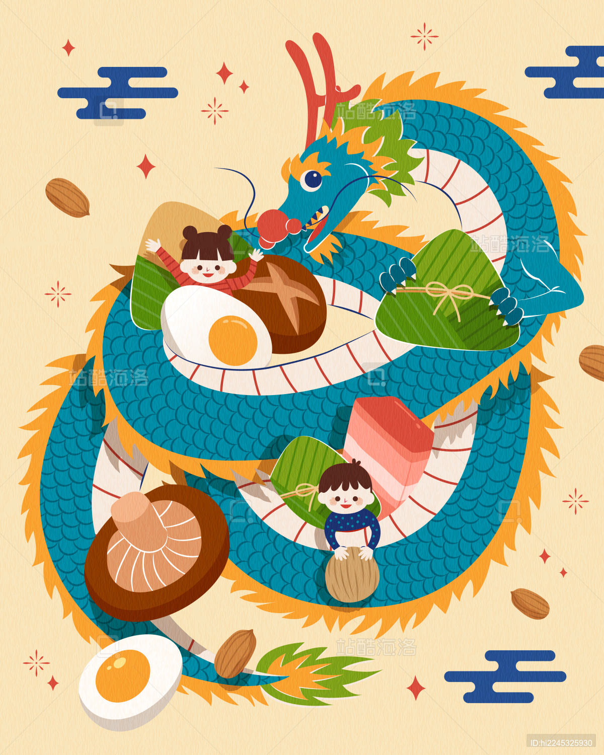 东方龙环绕着小孩与粽子食材 端午节插图