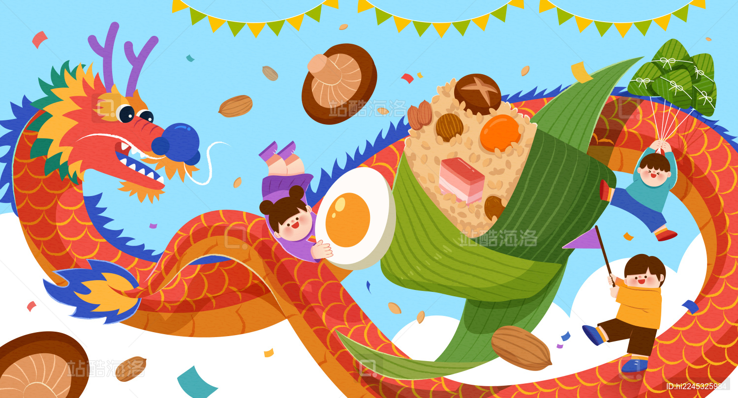 东方龙小孩与美味粽子 欢乐端午节插图