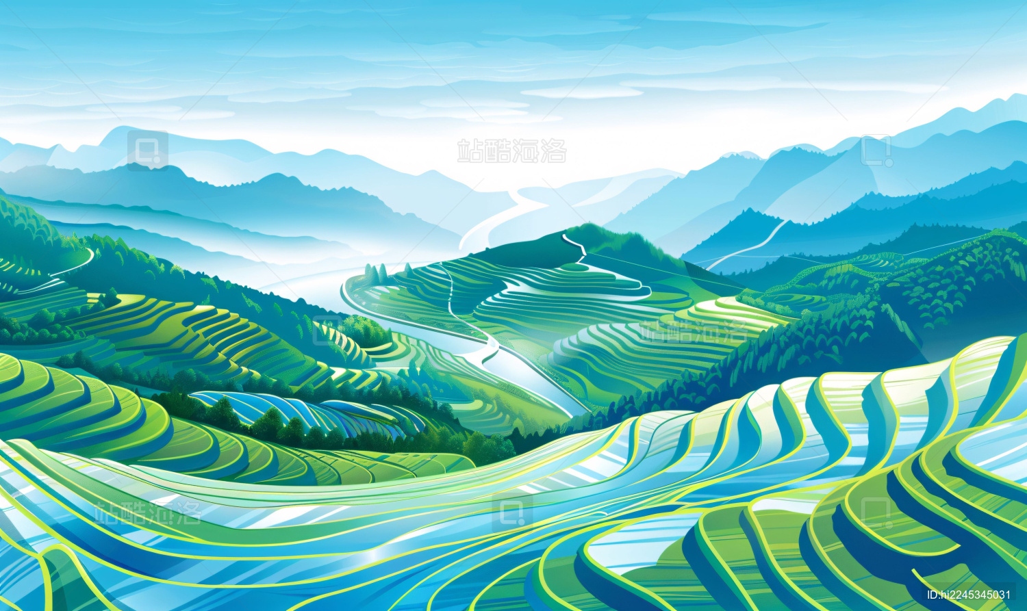 田野田园风光梯田农业农村乡村振兴风景插画