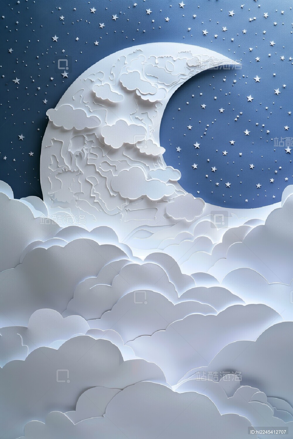 剪纸月牙上弦月亮夜晚星空3d卡通纸雕插画