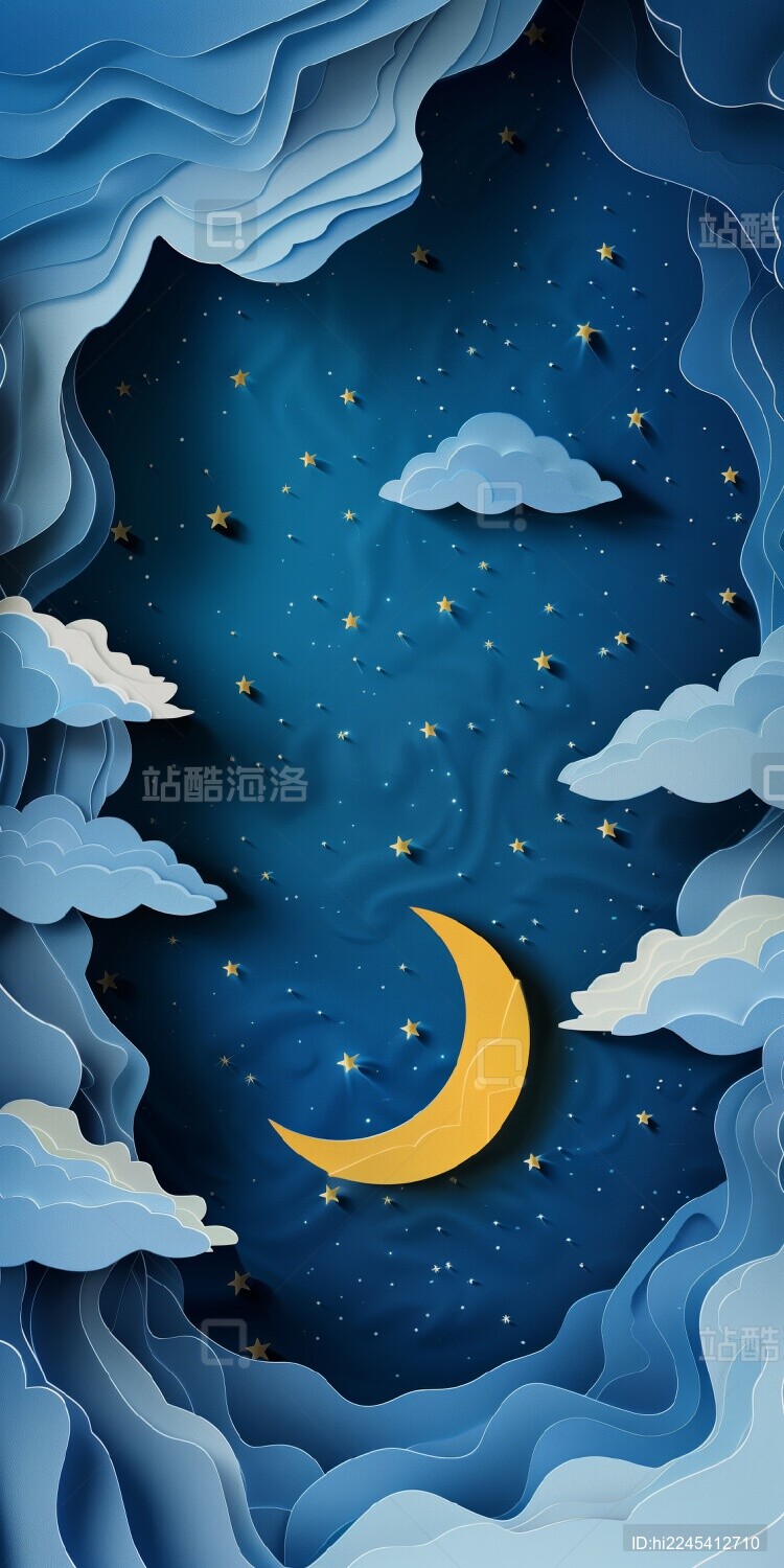 剪纸月牙上弦月亮夜晚星空3d卡通纸雕插画