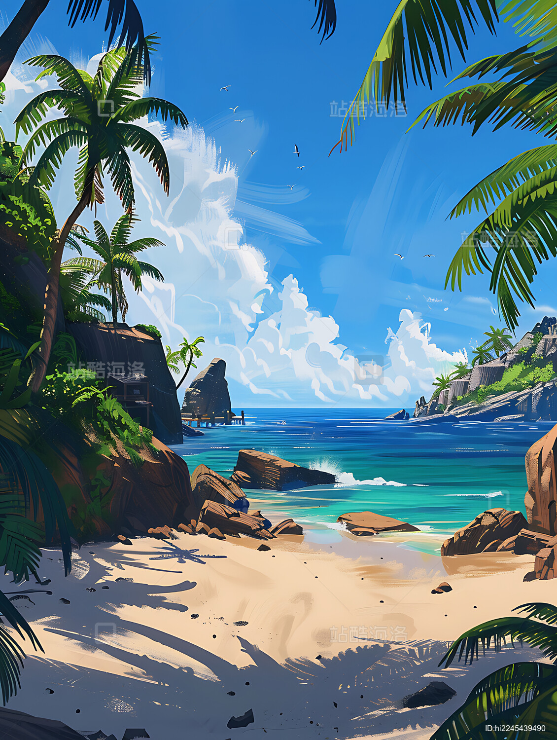 夏日清凉沙滩插画壁纸