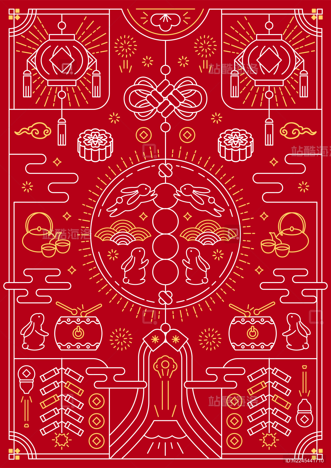 中秋节红色吃月饼看烟花兔子灯笼线性海报