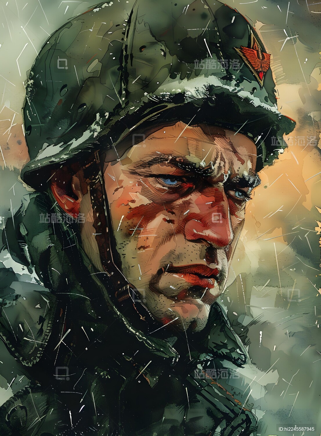 雨中饱经风霜的士兵肖像