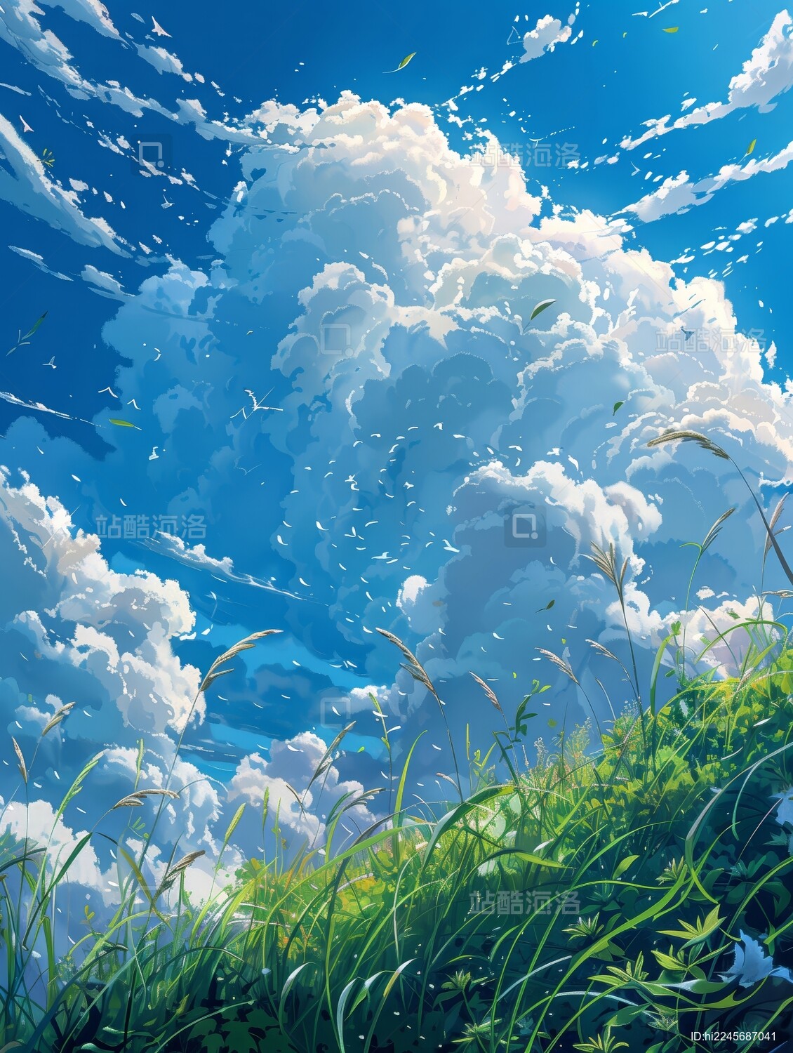 春夏日漫风格的蓝天白云草地