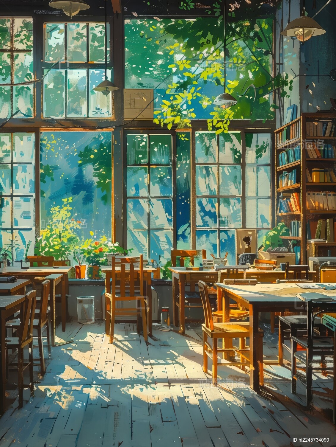 日漫风无人的学校教室 窗明几净的学习环境