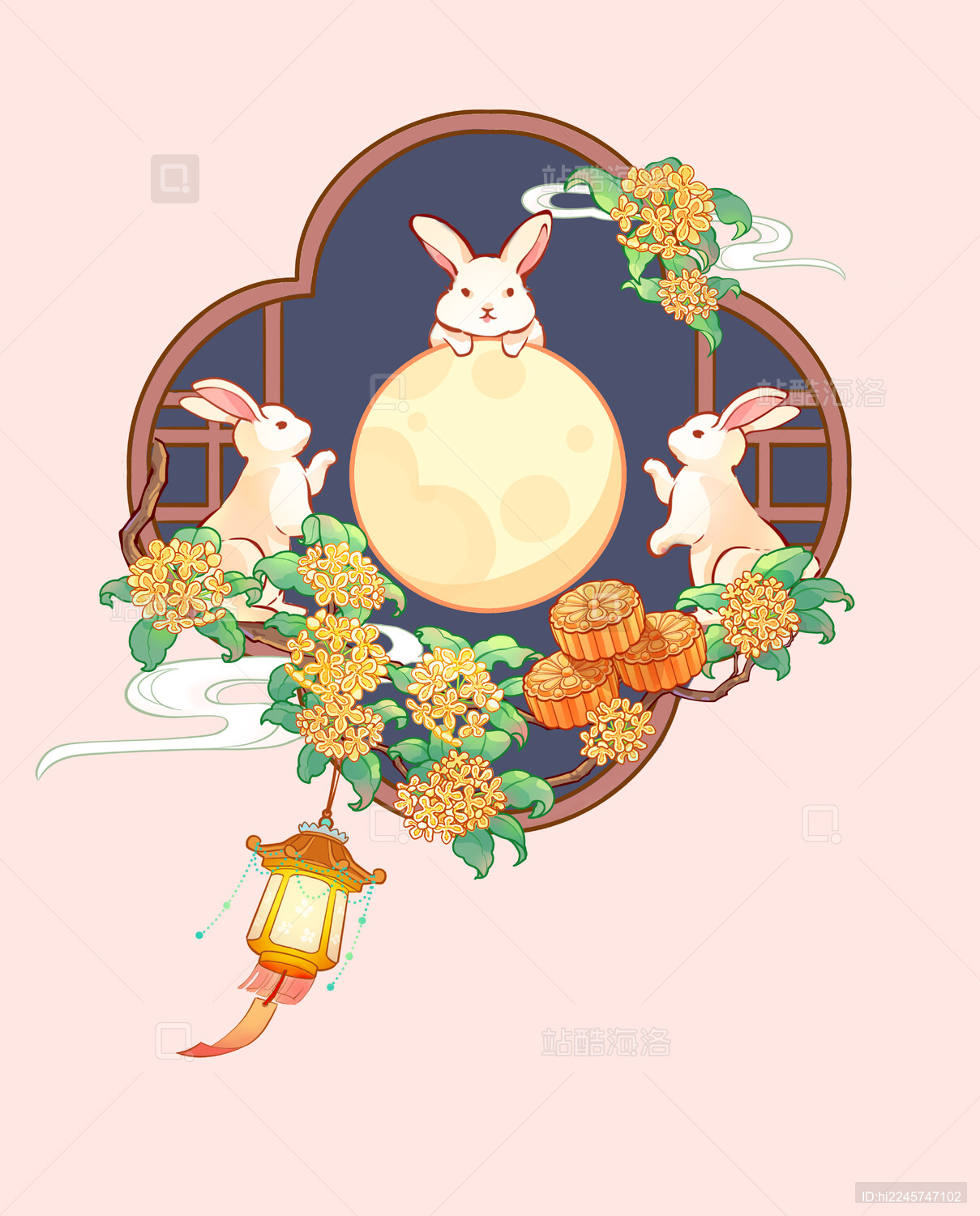 中秋节玉兔月亮桂花猜灯谜花窗国潮可爱中国