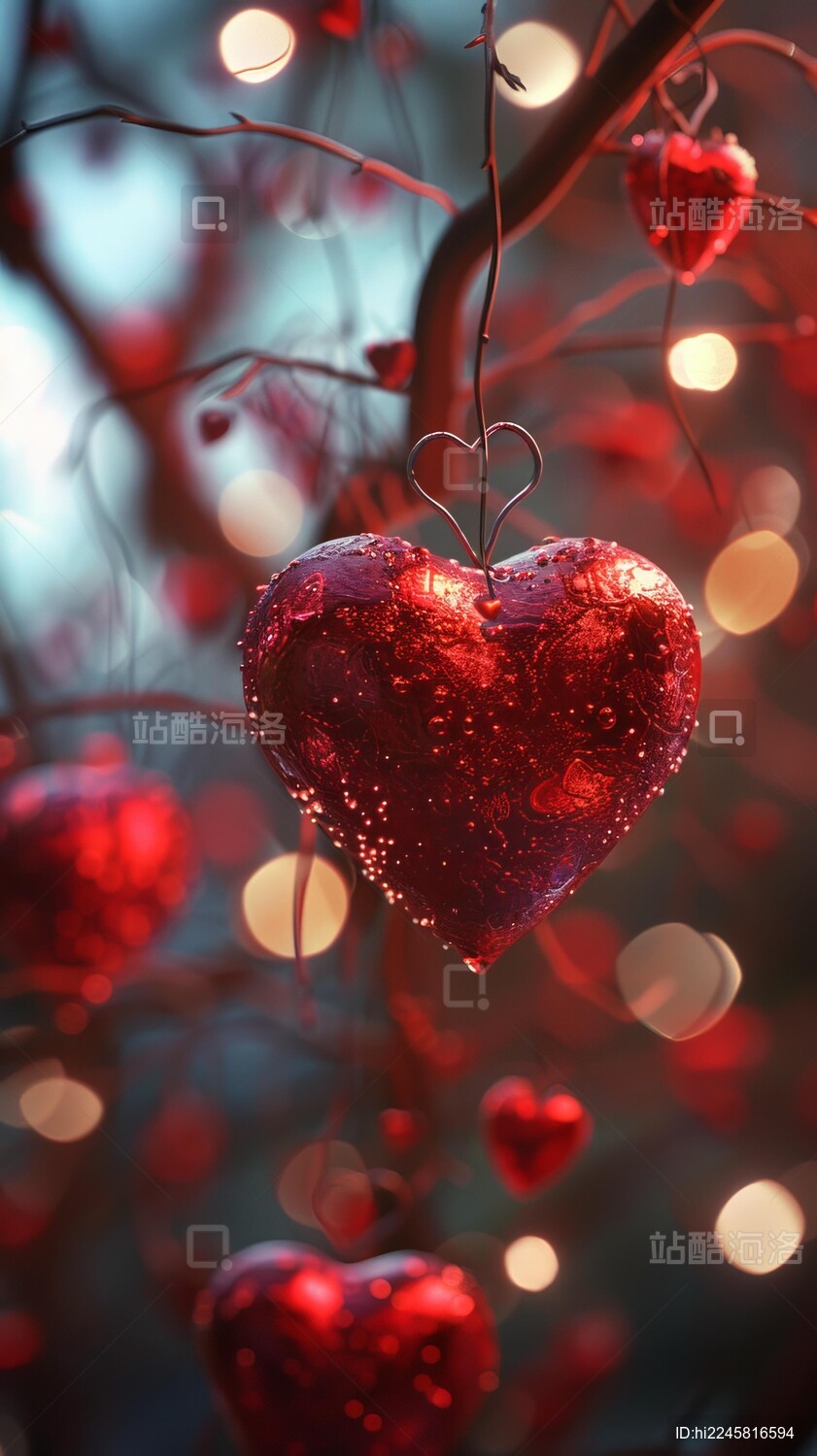红色的心形装饰品挂在树枝上