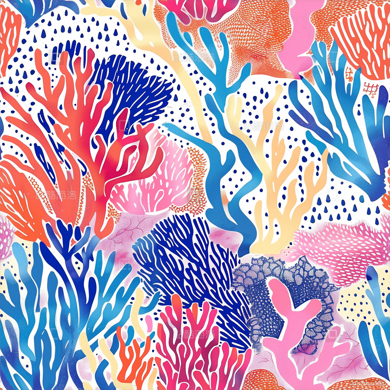 可爱明亮海洋中彩色珊瑚四方连续循环图案