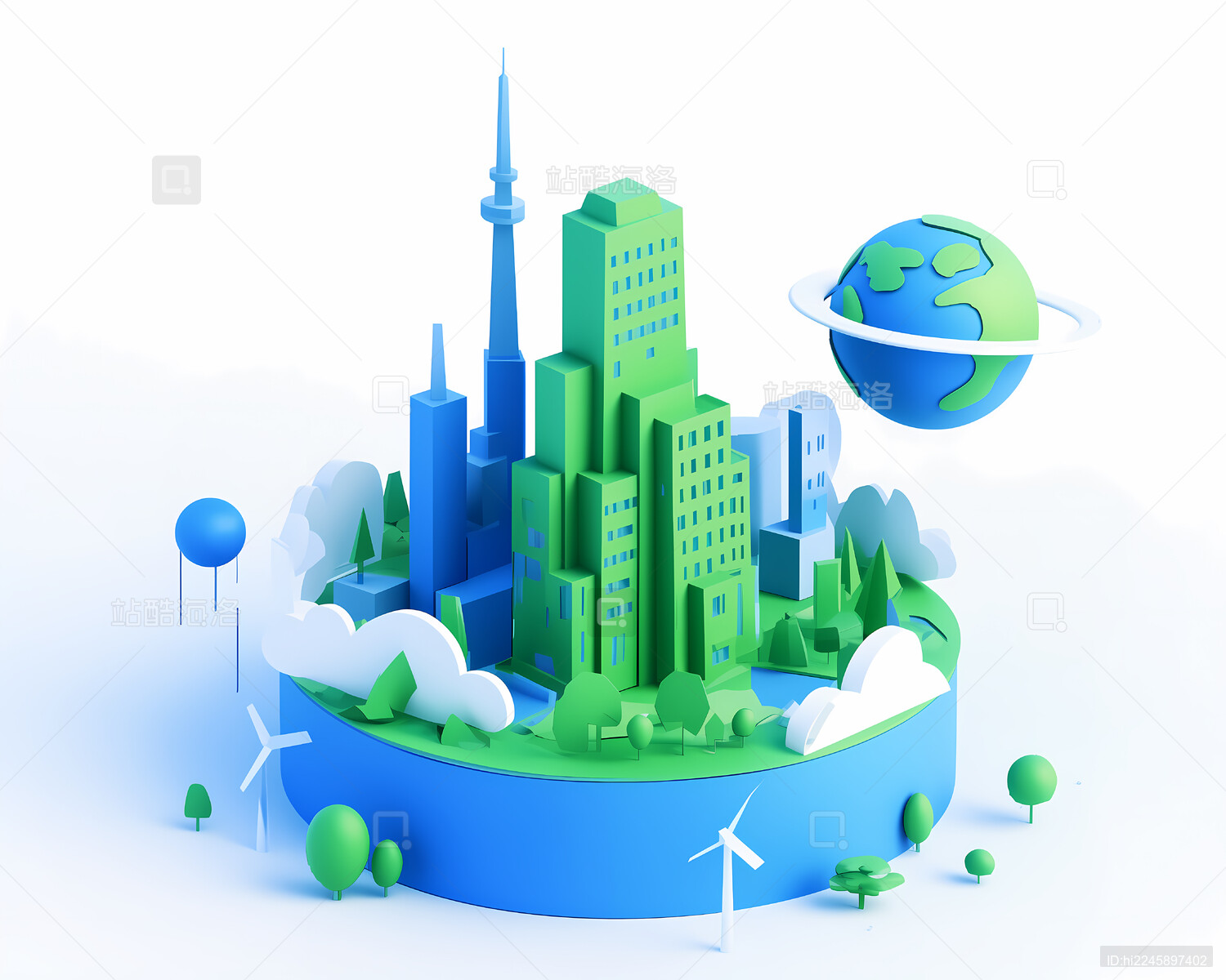 建筑高楼城市树木风力发电环境保护插画