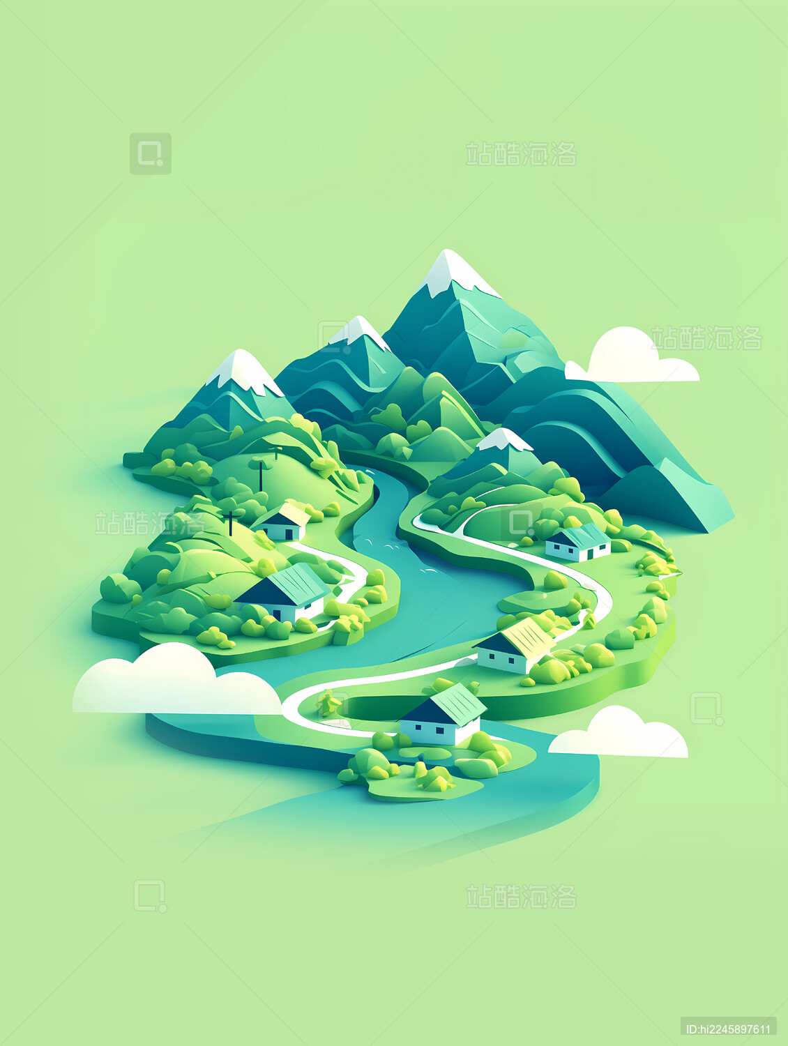 绿水青山山村新农村云雾环保3d插画