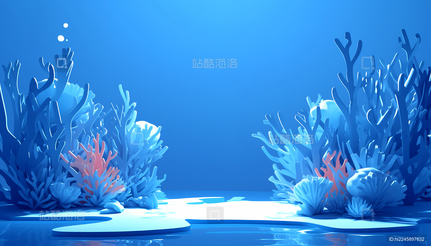 蓝色海水珊瑚海草产品展台三维插画