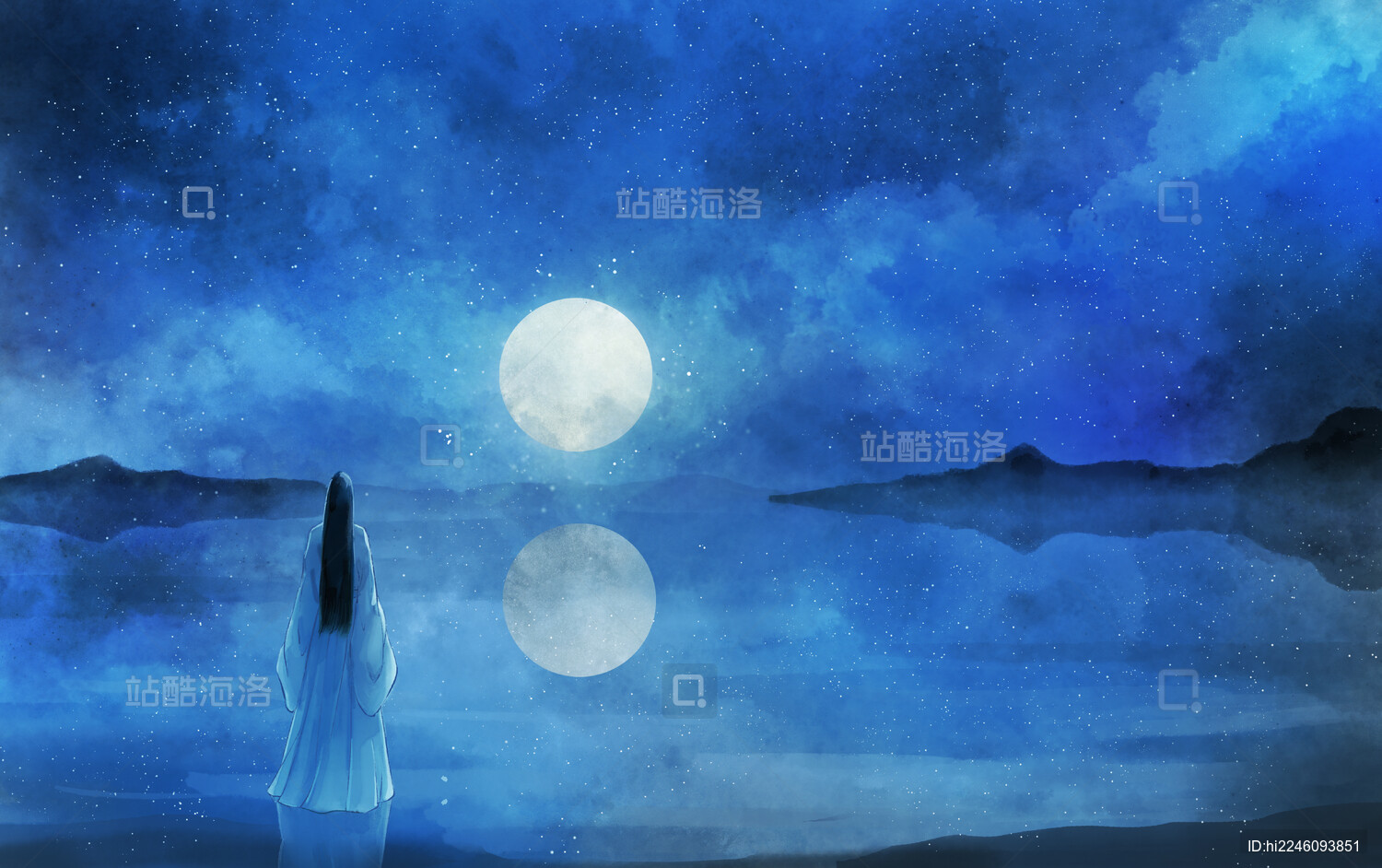 古风手绘水彩唯美意境插画海上生明月
