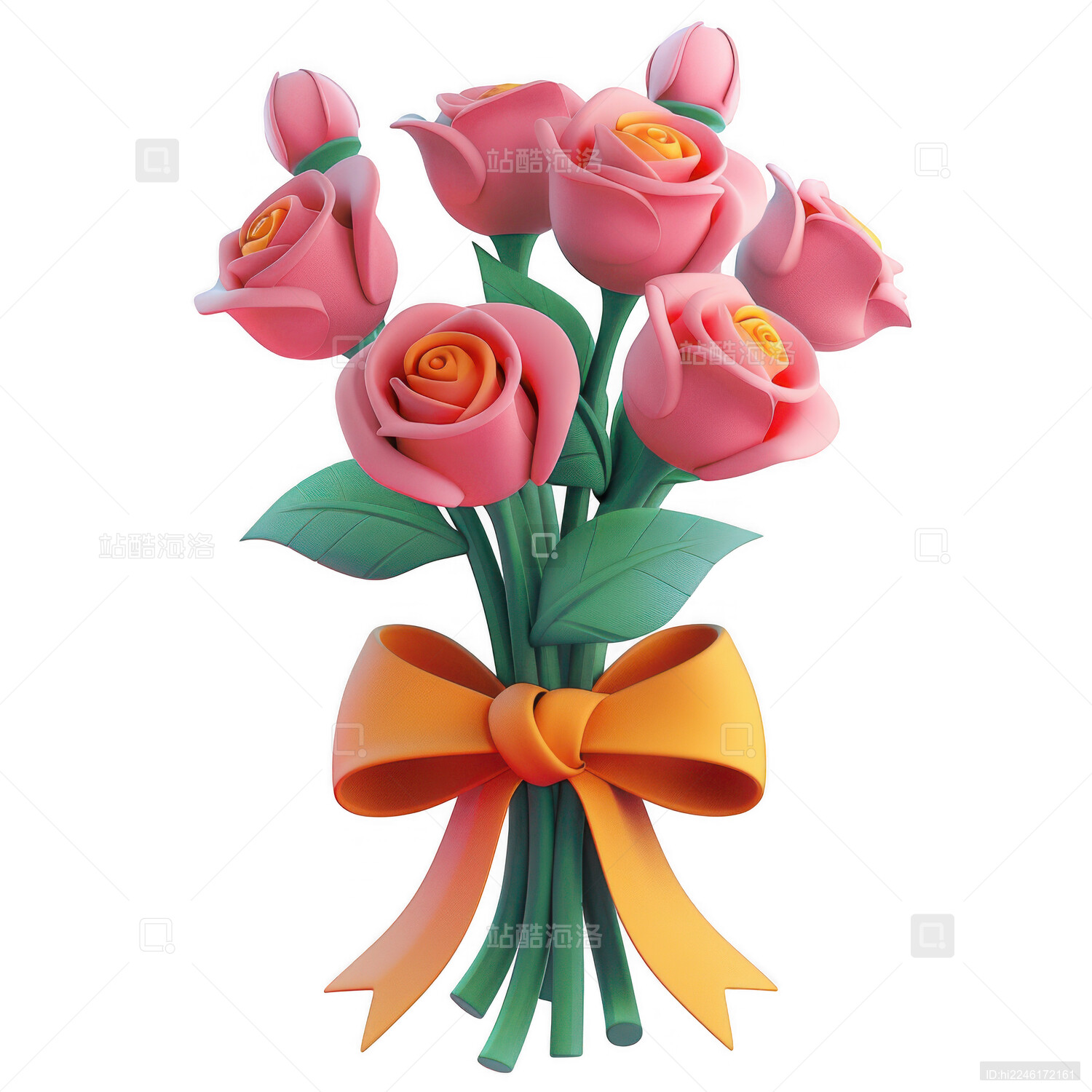 3d渲染绑着黄色蝴蝶结的卡通情人节玫瑰花