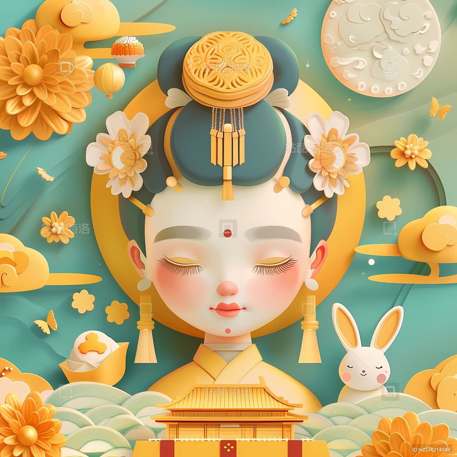 中秋节温馨扁平风嫦娥兔子插画海报