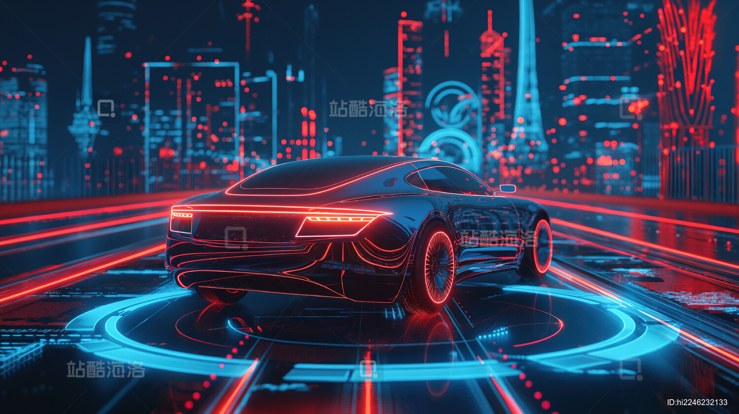 未来都市的夜色中奔驰的自动驾驶汽车