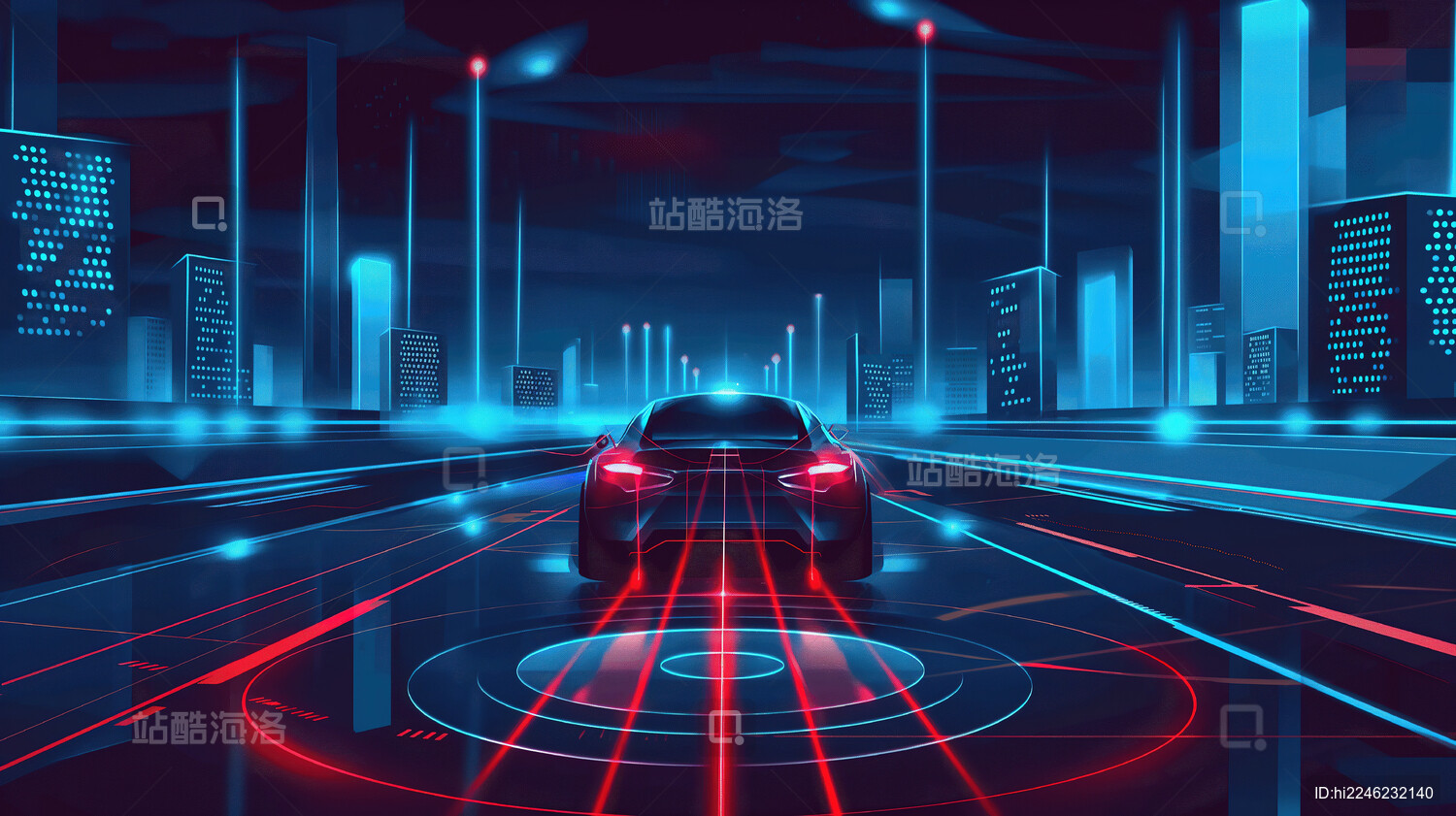 未来都市的夜色中奔驰的自动驾驶汽车