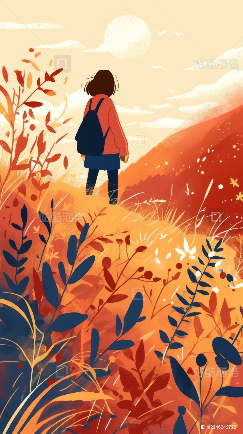 女孩背景秋天景色插画